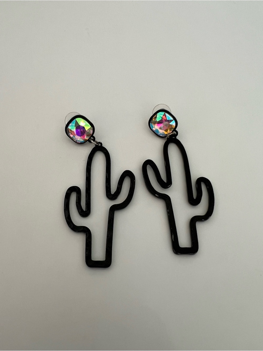Black Cactus Dangle Earrings with Iridescent Studs